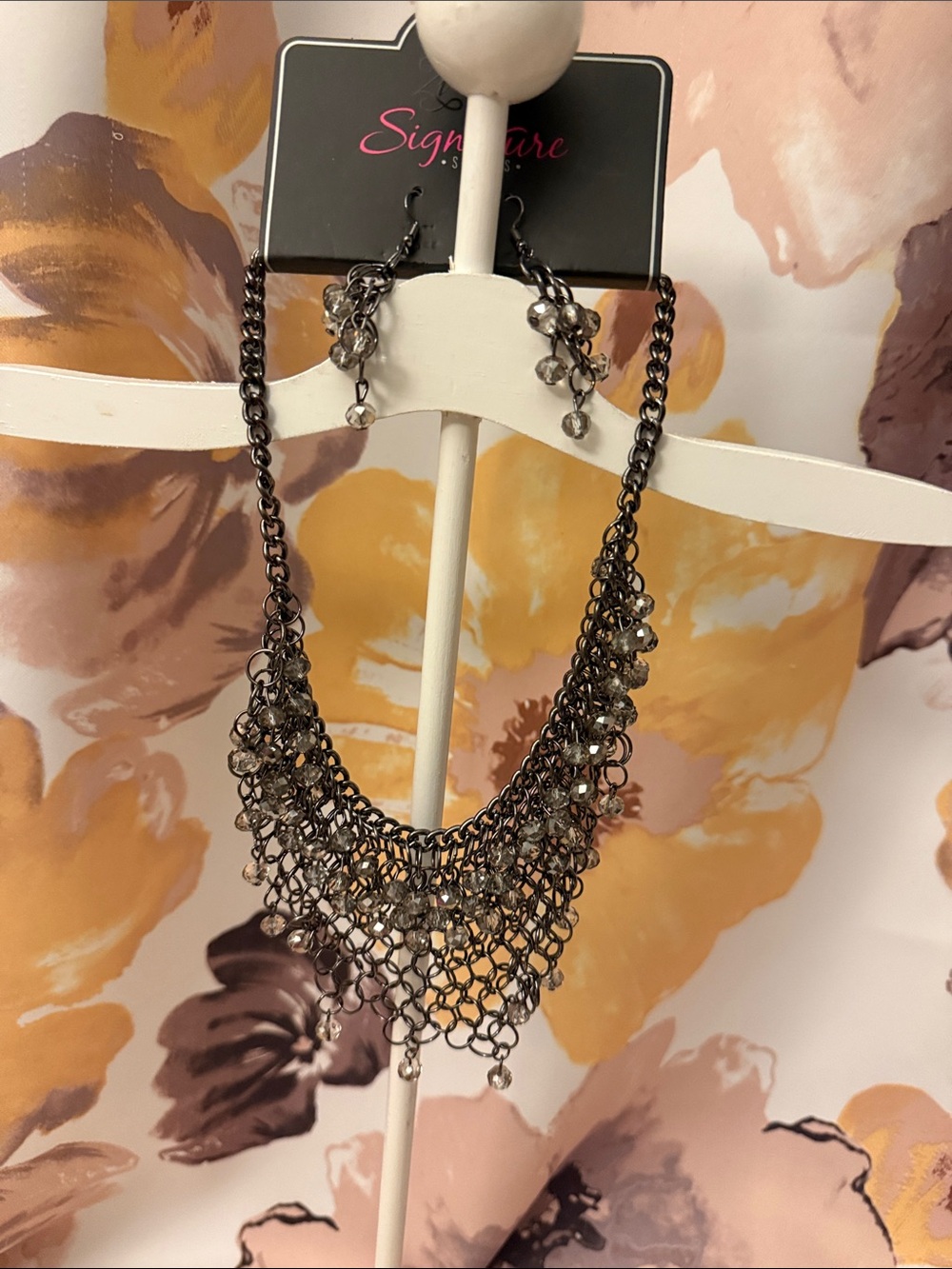 Signature Gunmetal Crystal Bib Necklace with Matching Drops